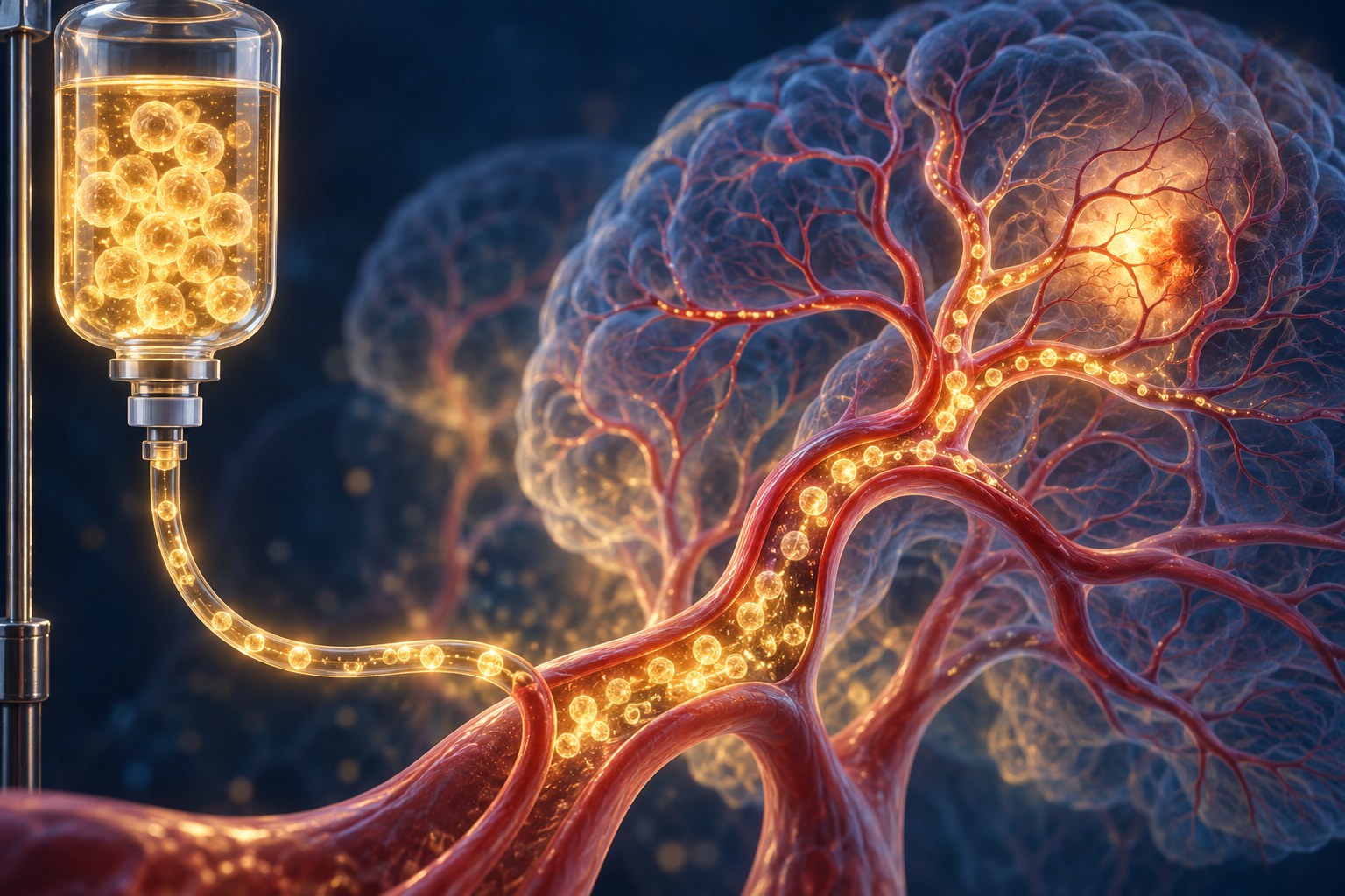 Stylized illustration of cells infusing into a cerebral vessel network under golden bloom