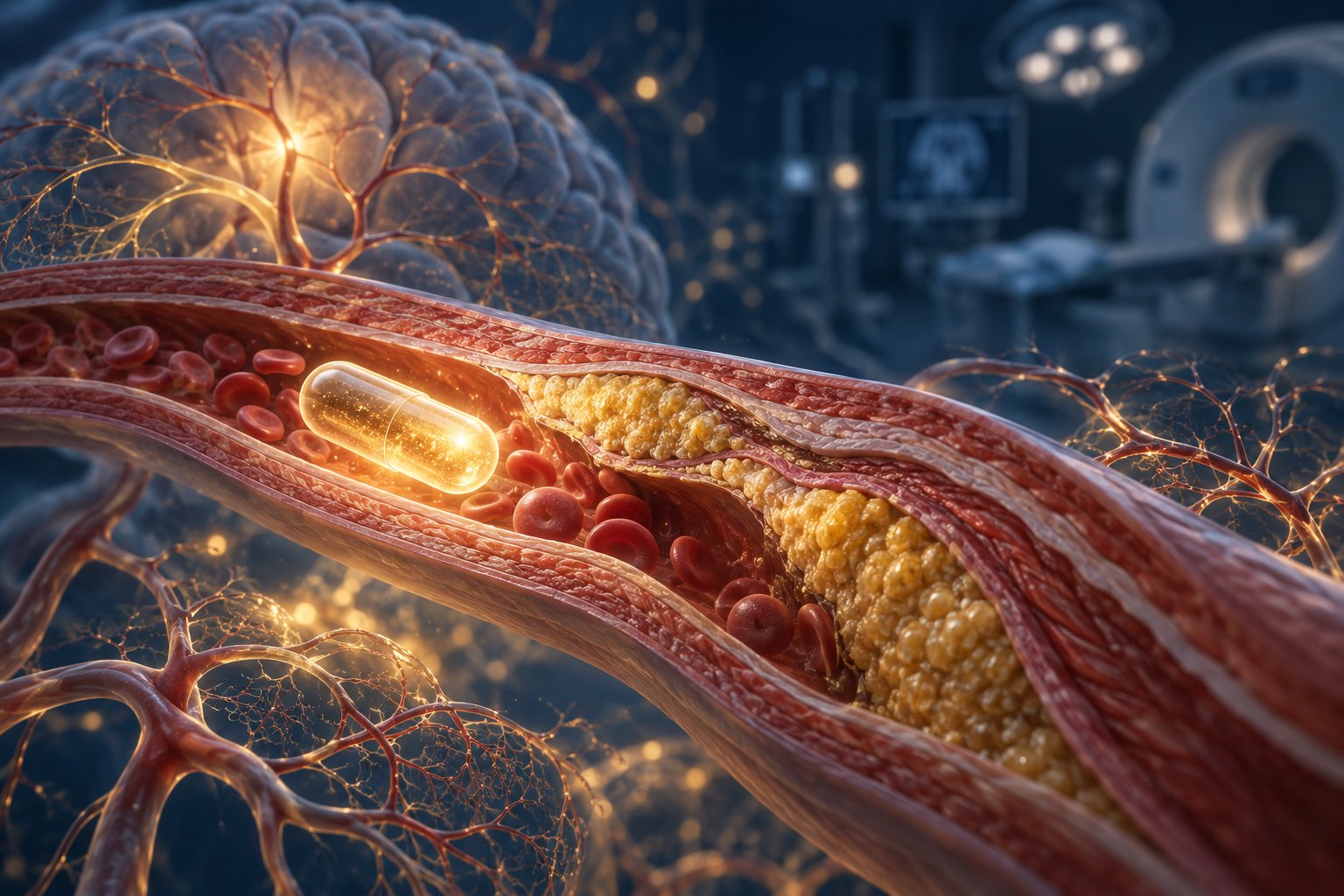 Stylized illustration of a statin pill resting on a cerebral artery cross-section with golden atherosclerotic plaque, soft medical-journal bokeh