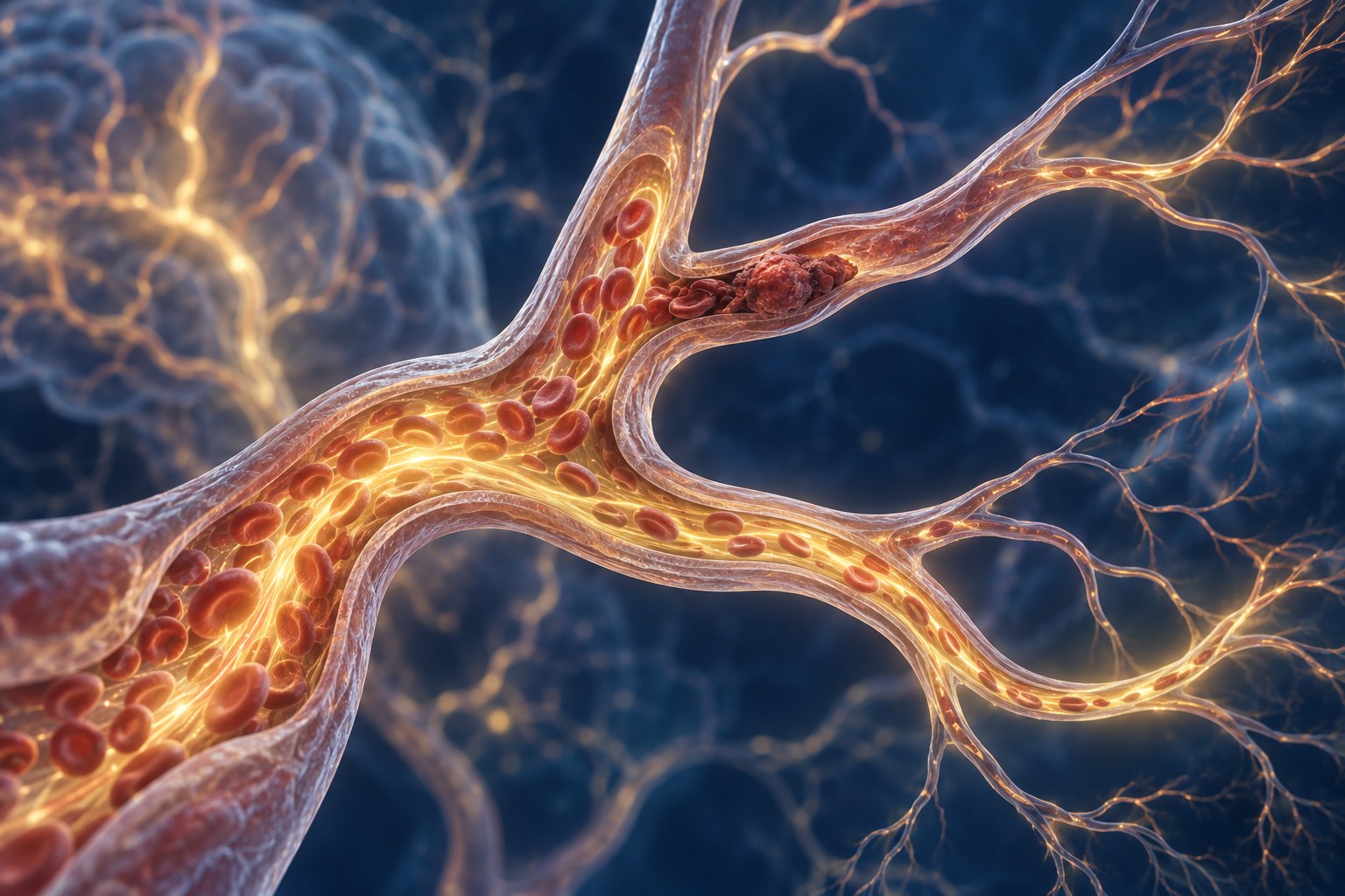 Stylized illustration of intracranial vessel branches inspired by a TEMPO-2 analysis of tenecteplase and baseline occlusion status