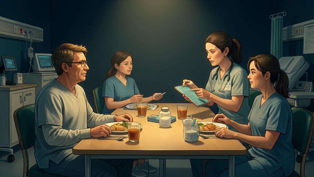 Stylized illustration of dysphagia care on an acute stroke ward