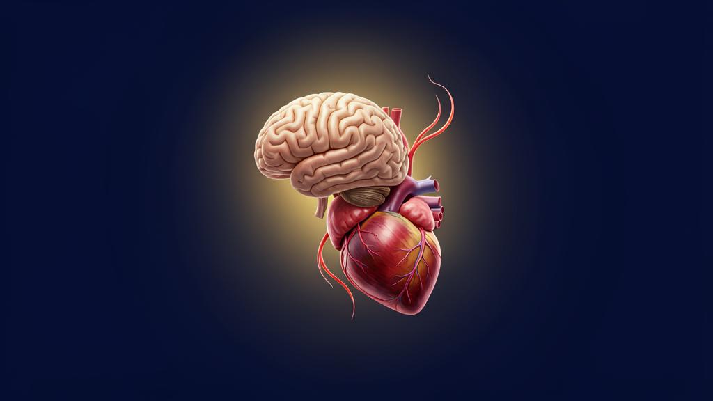 Stylized illustration of a brain and heart connected by vascular pathways