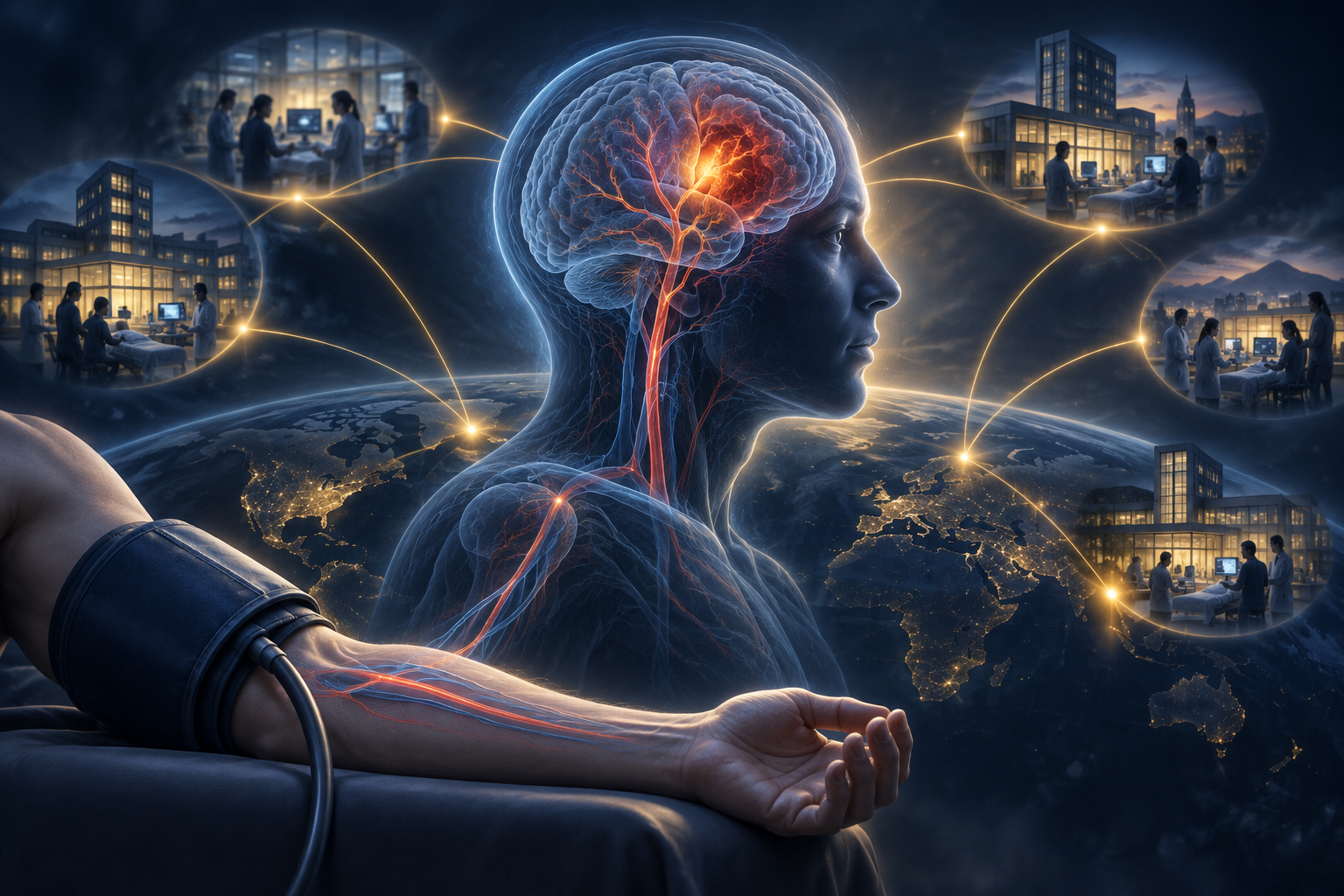Stylized illustration of remote ischemic conditioning in acute ischemic stroke