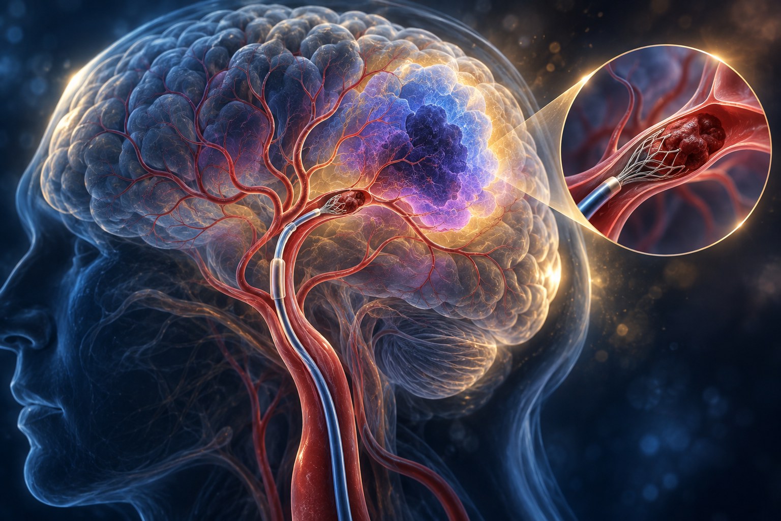 Stylized illustration of endovascular thrombectomy in large-core stroke and the volumetric ceiling
