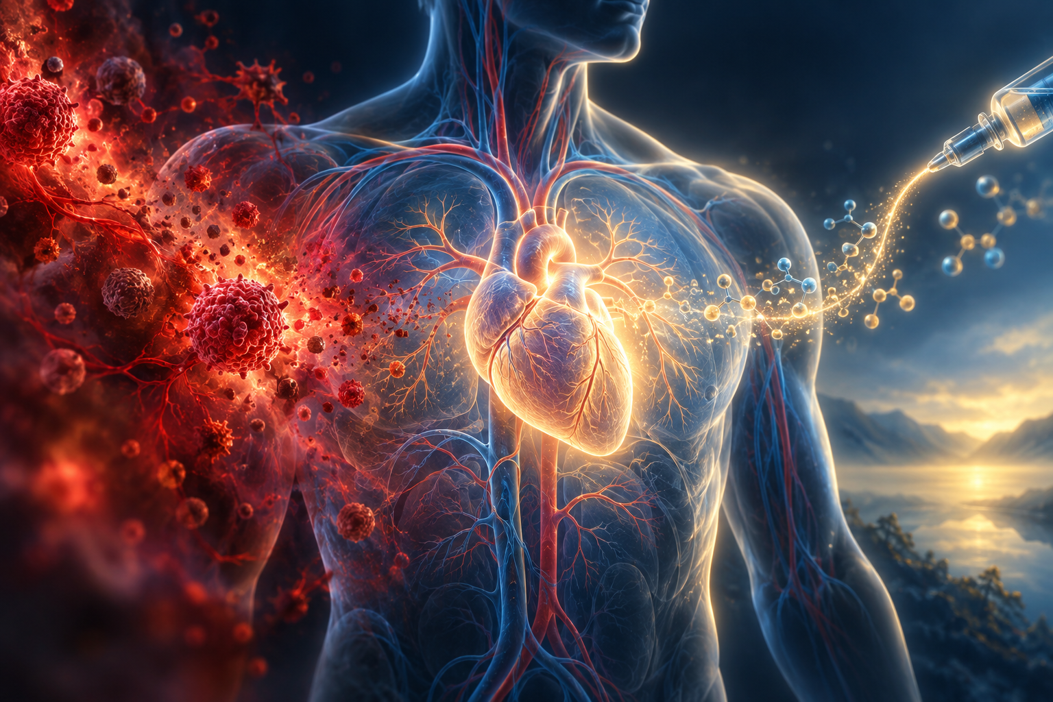 Stylized illustration of semaglutide molecules reducing inflammatory cascade