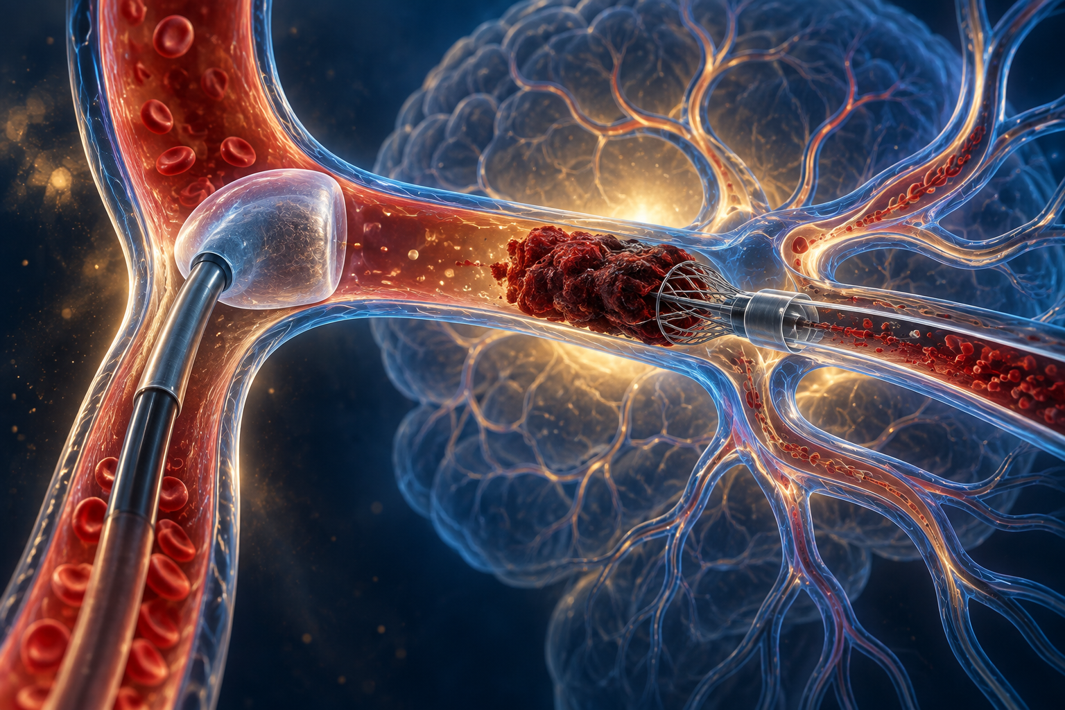 Stylized illustration of balloon-guided catheter during mechanical thrombectomy