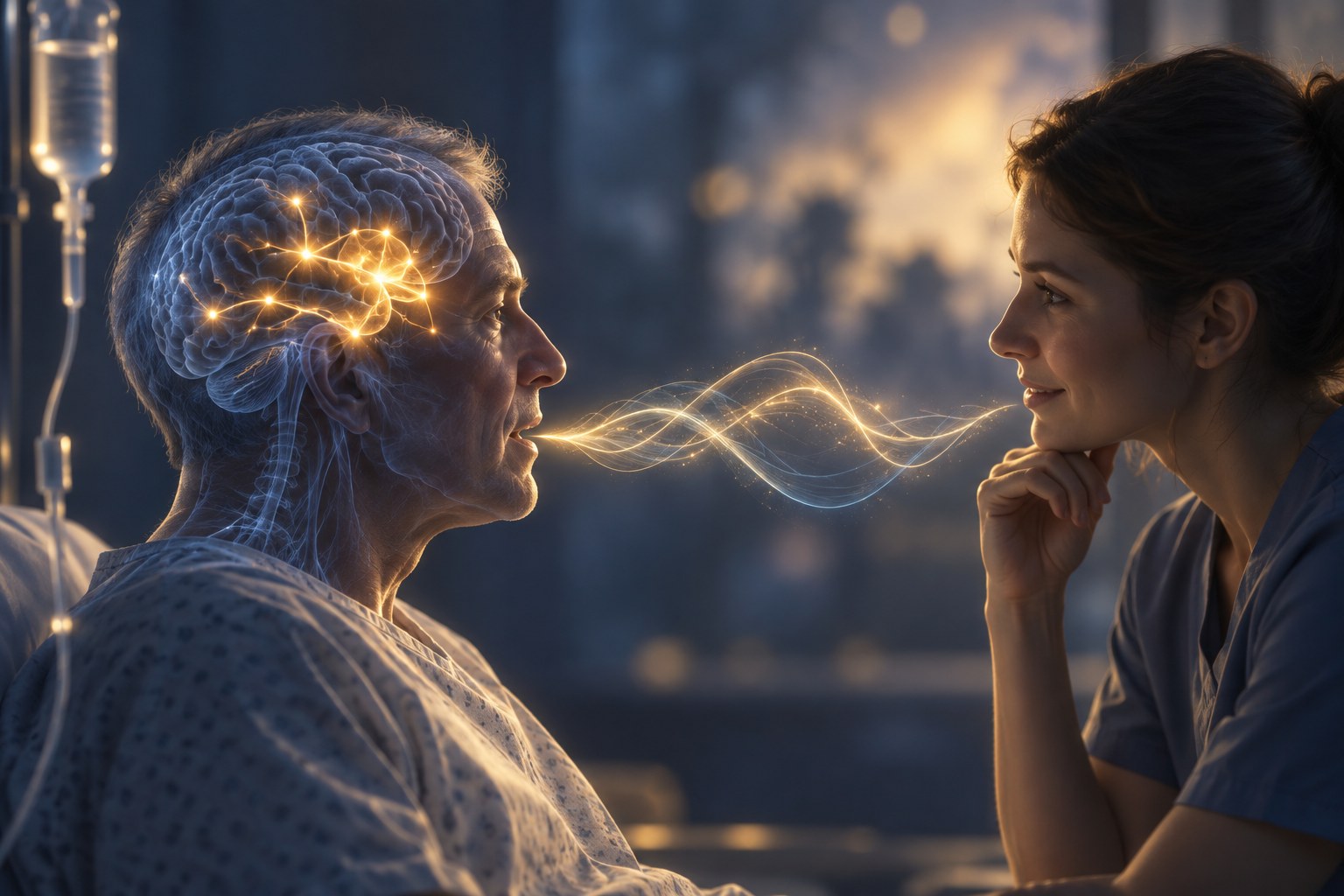 Stylized illustration of two people communicating during poststroke aphasia rehabilitation