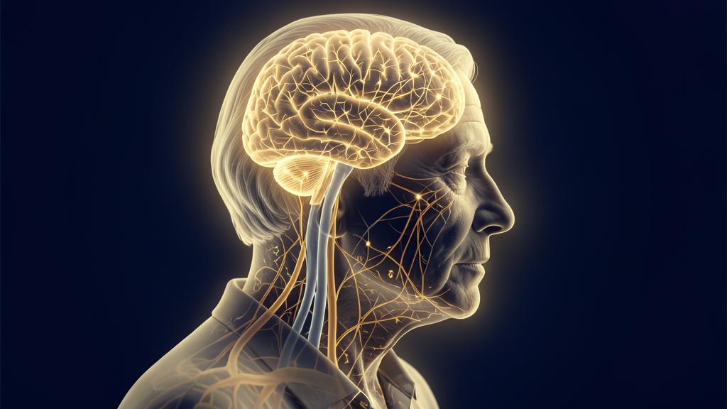 Editorial illustration of an older adult profile with illuminated neural networks, representing long-term cognitive recovery after stroke