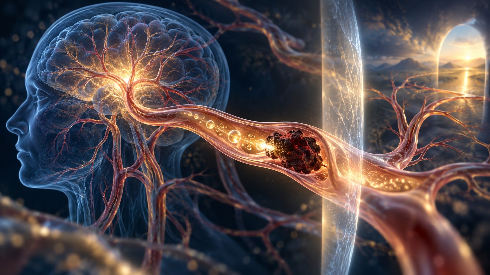 Stylized illustration of thrombolytic drug action in a cerebral vessel with retriever